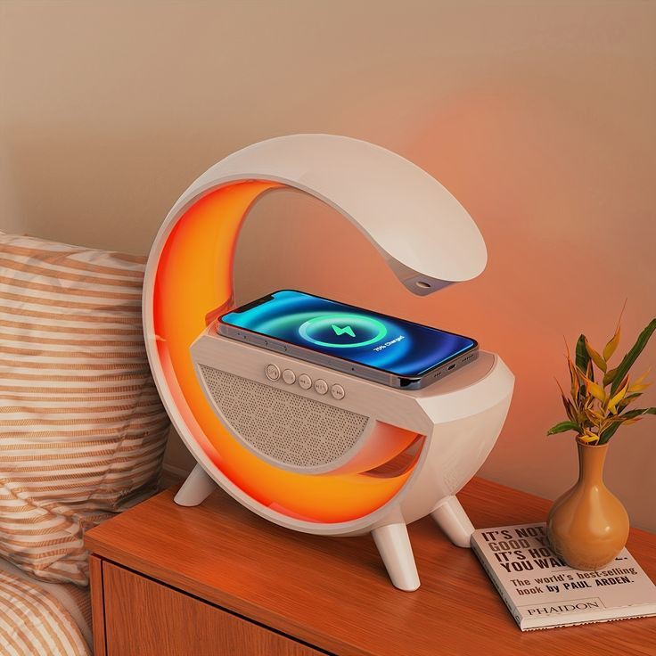 G-shaped LED lamp with Bluetooth speakers and Wireless charger