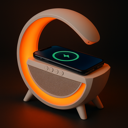 G-shaped LED lamp with Bluetooth speakers and Wireless charger