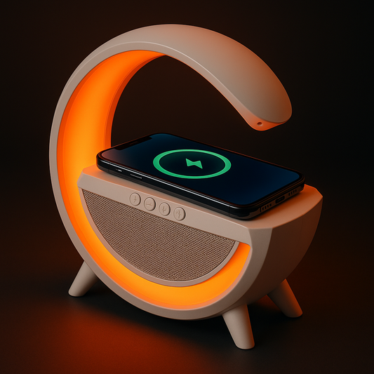G-shaped LED lamp with Bluetooth speakers and Wireless charger