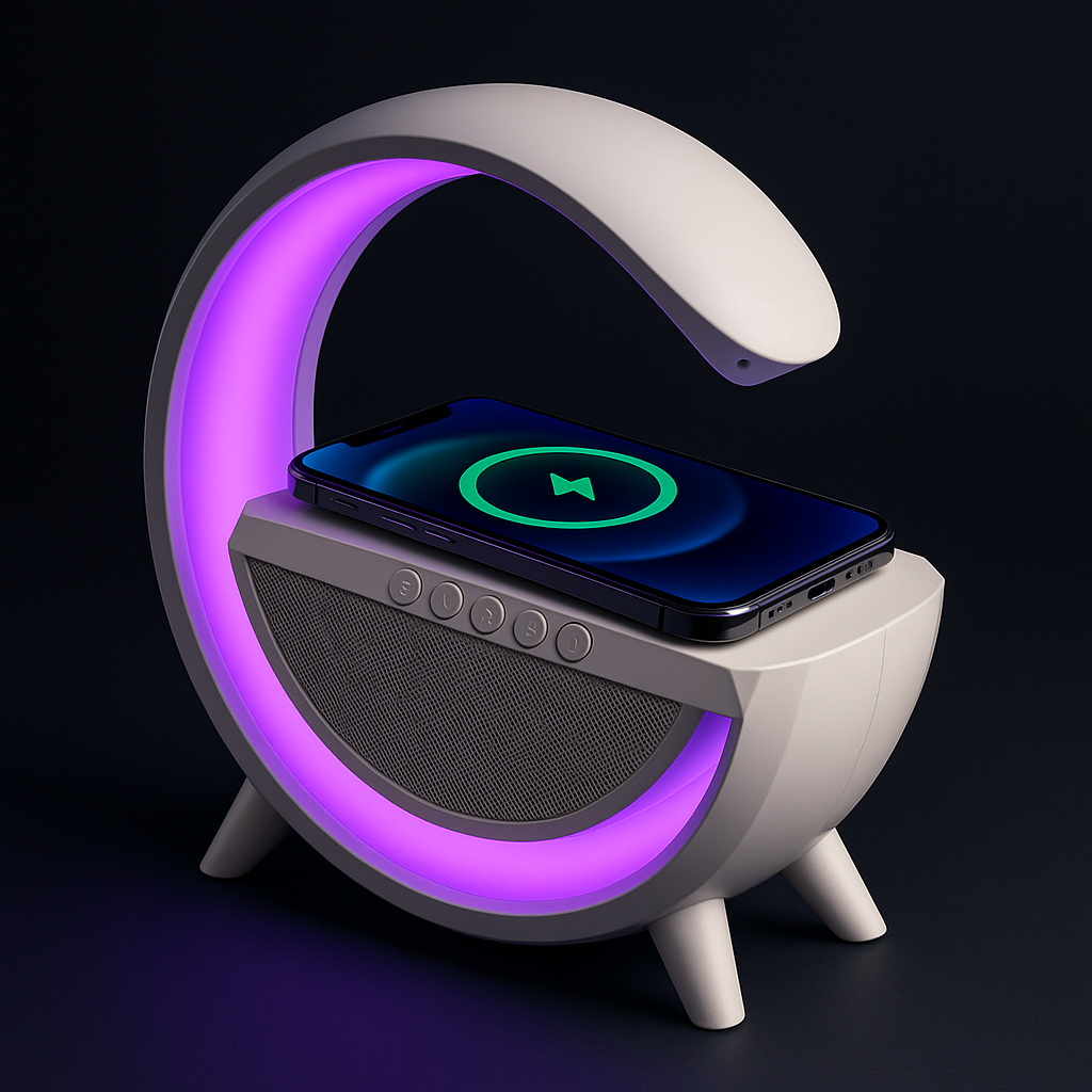 G-shaped LED lamp with Bluetooth speakers and Wireless charger